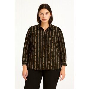 Rebecca Malone L Chain Print Button Long Roll Tab Sleeve Blouse Office Top